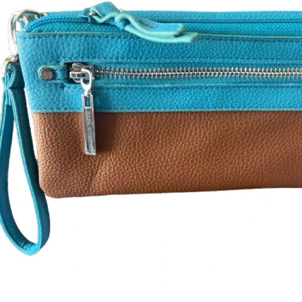 Dana Buchman wristlet wallet in aqua & brown with plenty of credit card slots!